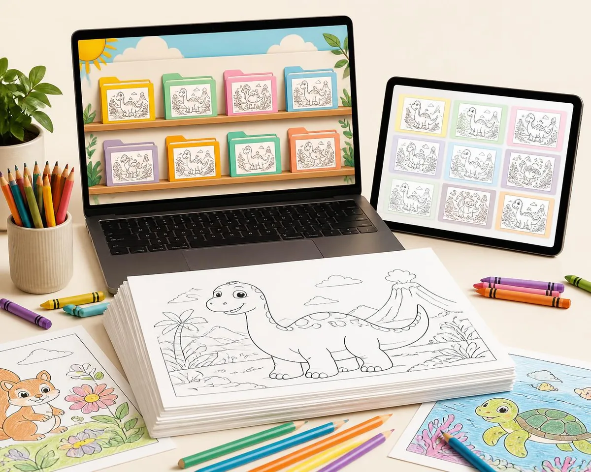 Notebook com a área de membros, capas das coleções, pilha de folhas A4 em formato paisagem com desenhos em preto e branco e lápis de cor sobre a mesa.