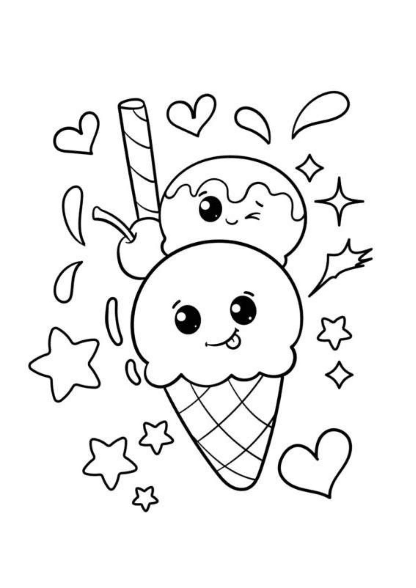 Desenho para colorir de sorvete kawaii com estrelas e corações.