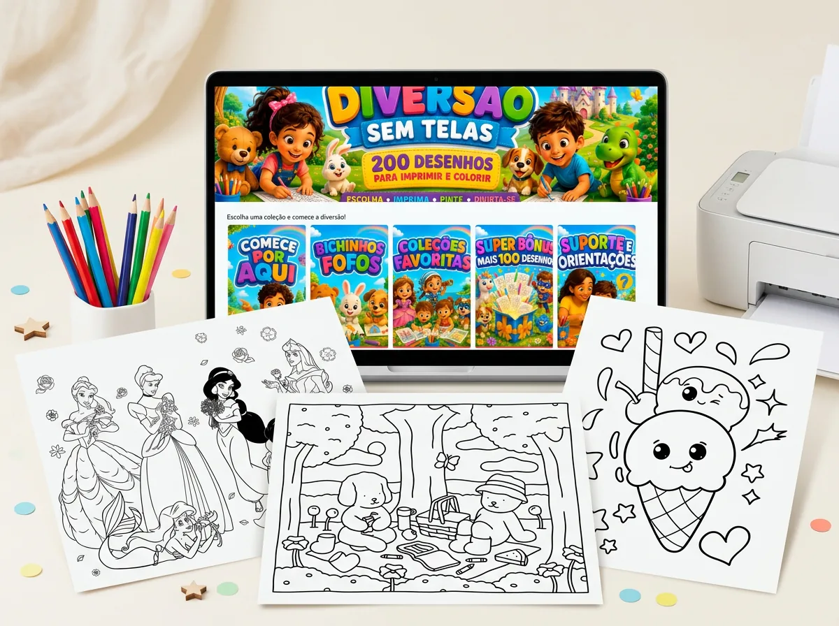 Biblioteca digital aberta em um notebook com folhas de desenhos impressas e lápis de cor sobre a mesa.