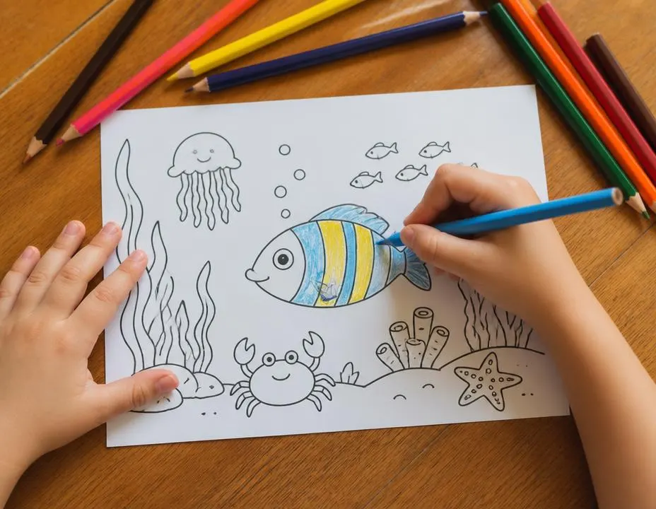 Mãos de criança colorindo com lápis um desenho impresso sobre a mesa.