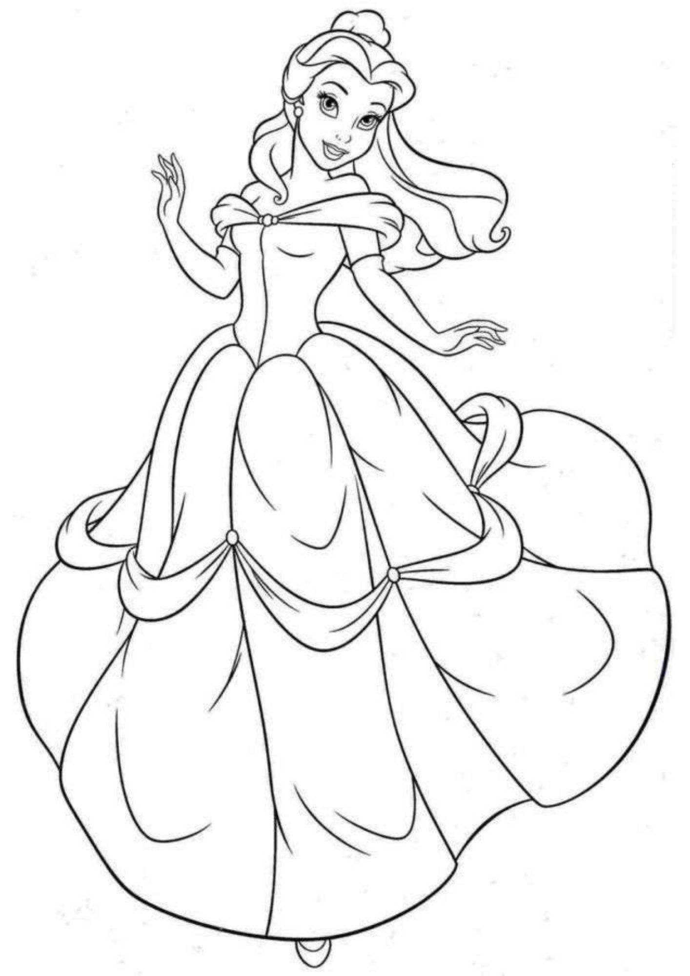 Desenho para colorir de princesa com vestido longo.